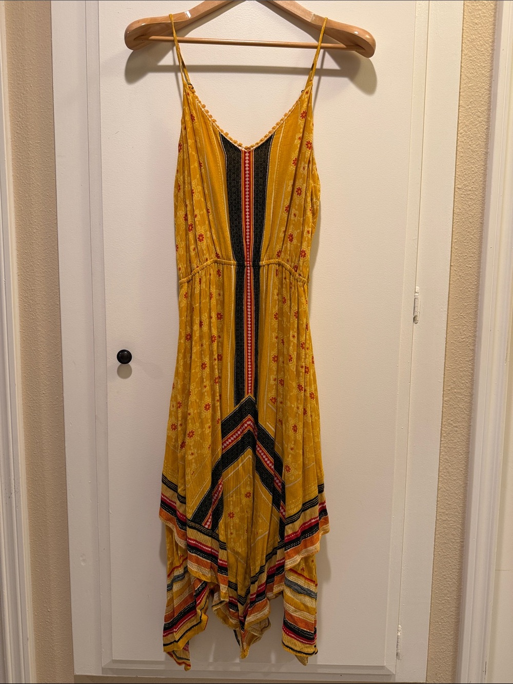 Yellow Striped Handkerchief-Hem Maxi Dress with Spaghetti Straps